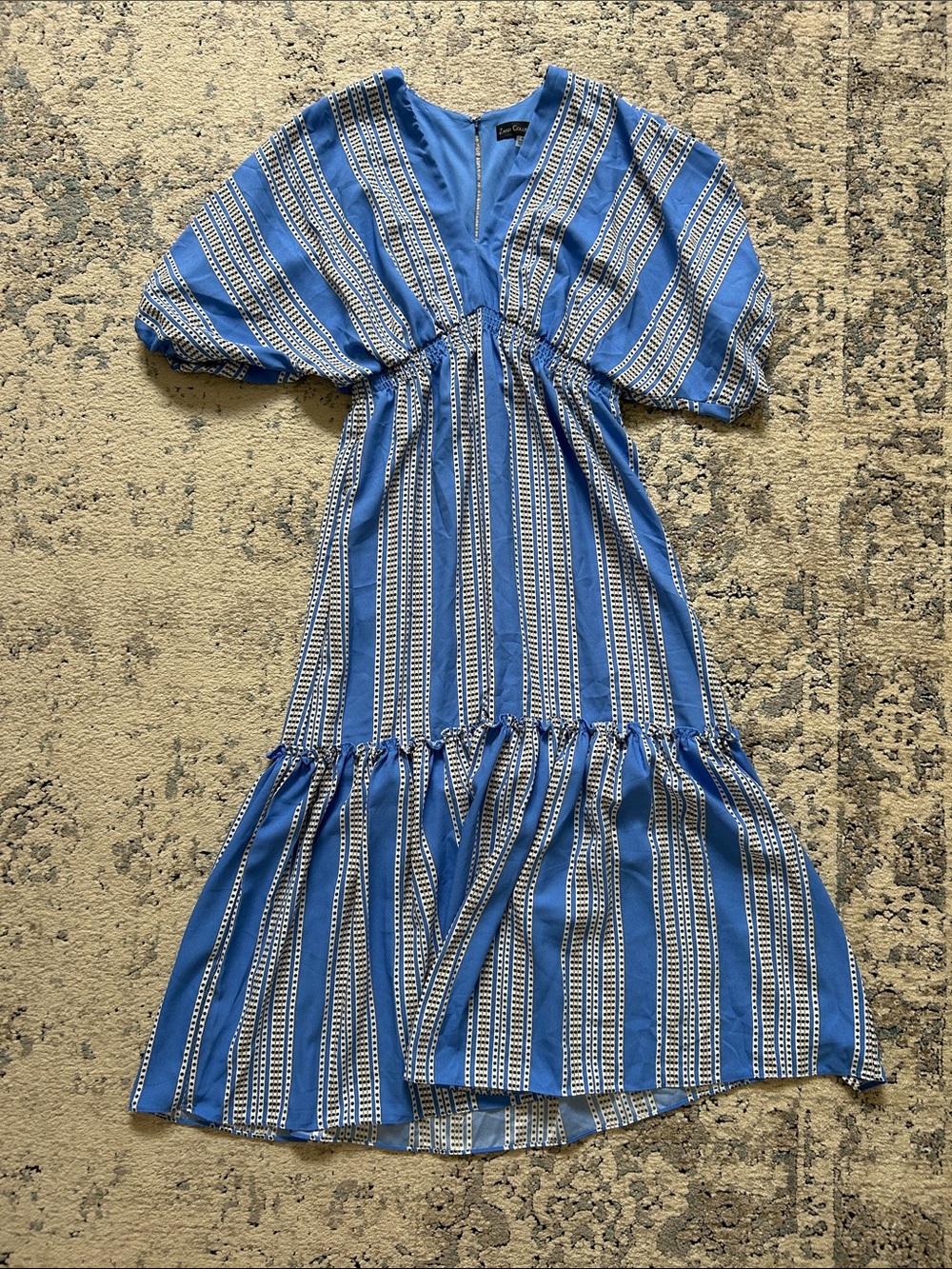 Blue Striped Casual Women’s Midi Dress with Puff Sleeves
